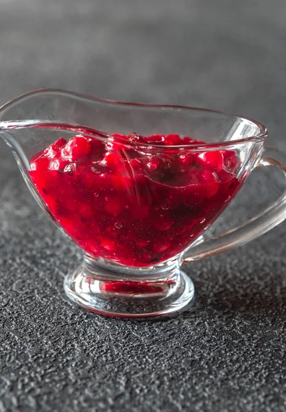 Cranberry Sauce Glass Gravy Boat Dark Background — Stock Photo, Image
