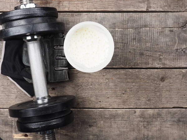 Hantel Mit Proteinshake Auf Rustikalem Holzboden Blick Von Oben — Stockfoto