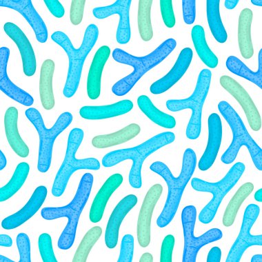 Seamless pattern with probiotics. Lactic acid bacterium. Bifidobacterium, lactobacillus. Microbiome. Microbiota. Medicine or dietary supplements for gastrointestinal health. Label, wrapping. Vector clipart