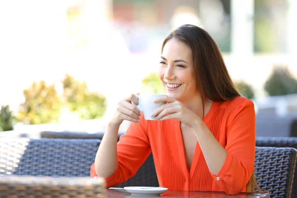 Happy Woman Resting Drinking Coffee Looking Away Sitting Bar Terrace — Stock Photo, Image