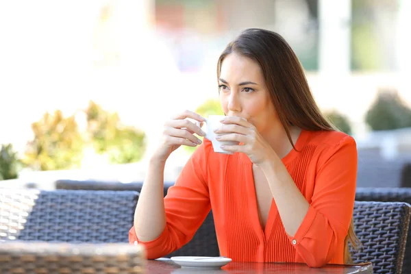 Relaxed Distracted Woman Drinking Coffee Looking Away Sitting Bar Terrace — Stock Photo, Image