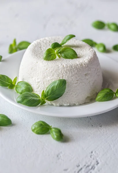 Ricota Queijo Soro Leite Italiano Com Folhas Manjericão Frescas — Fotografia de Stock