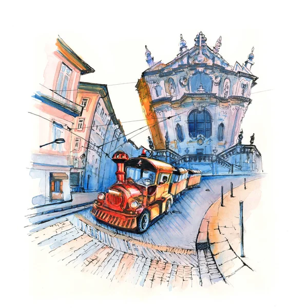 葡萄牙波尔图克莱里戈斯教堂立面的旅游列车水彩素描 — 图库照片