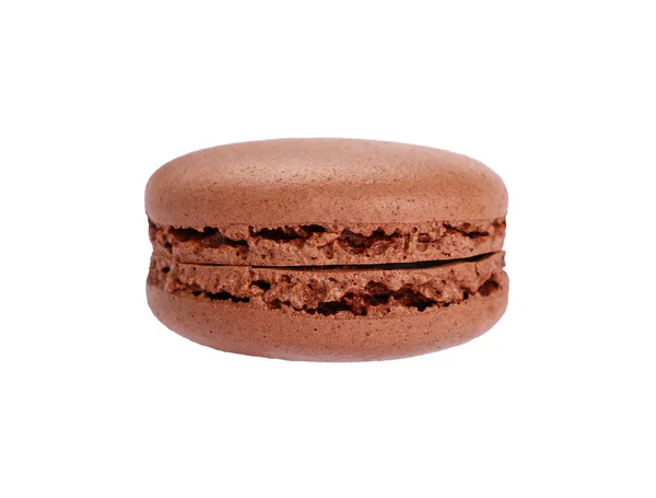 Zavřít Jednu Čerstvou Hnědou Čokoládu Tradiční Francouzské Makarónové Těsto Sušenky — Stock fotografie