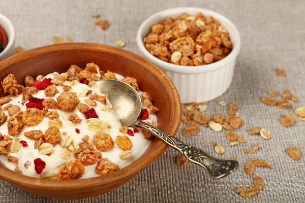 Nahaufnahme Portion Müsli Müsli Frühstück Mit Joghurt Obst Und Beeren — Stockfoto