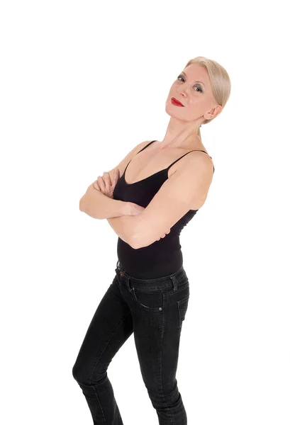 Smiling Middle Age Blond Woman Standing Profile Black Outfit Her — Stock Photo, Image