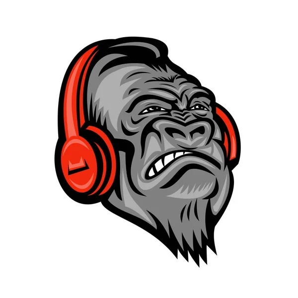Mascot Icon Illustration Head Angry Gorilla Ape Wearing Red Headphones — Stock Photo, Image