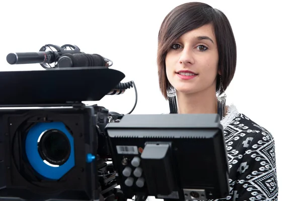 Jeune Femme Avec Caméra Vidéo Professionnelle Dslr Isolé Sur Fond — Photo