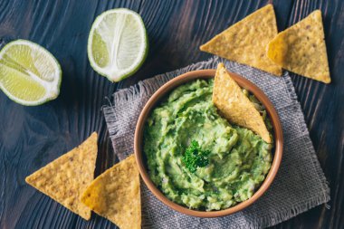 Bowl of guacamole with tortilla chips: top view clipart