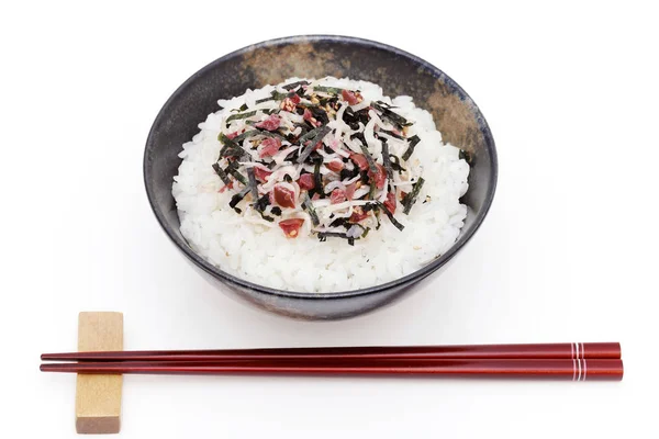 Nourriture Japonaise Shirasu Umeboshi Sur Riz Blanc Cuit — Photo