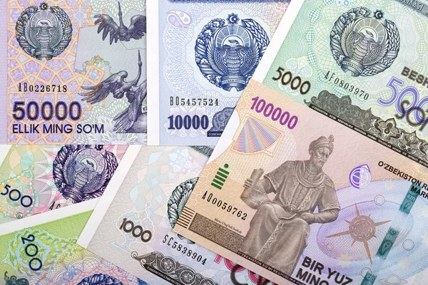 Volledige Set Oezbekistan Geld Een Zakelijke Achtergrond — Stockfoto