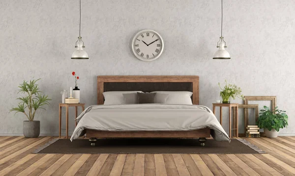 Dormitorio Principal Estilo Clásico Con Elegante Cama Doble Suelo Madera — Foto de Stock