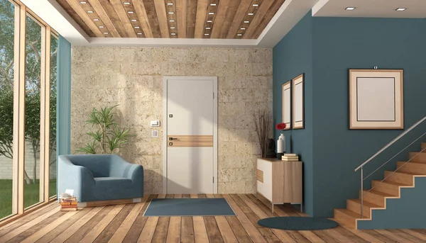 Modern Villa Bejárati Ajtóval Modern Bútorokkal Fából Készült Lépcsőházzal Renderelés — Stock Fotó