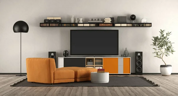 Modern Living Room Home Cinema Equipment Orange Armchair Sideboard Rendering — Stock Photo, Image