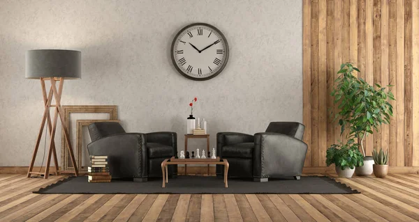 Vardagsrum Rustik Stil Med Elegant Läderfåtölj Och Schackbräde Ett Soffbord — Stockfoto