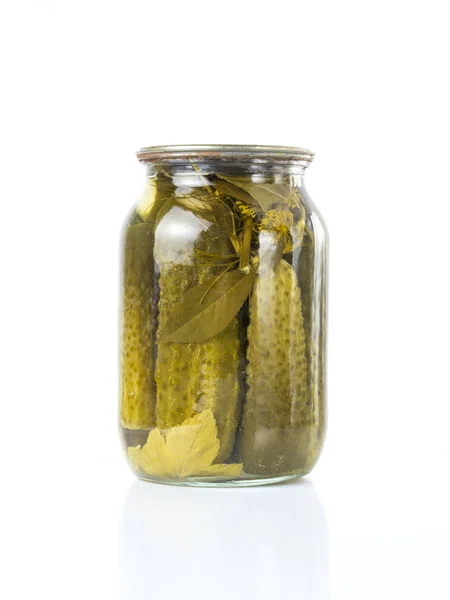 Pickled Cucumbers Isolated Pickles Glass Jar Isolated White Background Salted — Stock Photo, Image