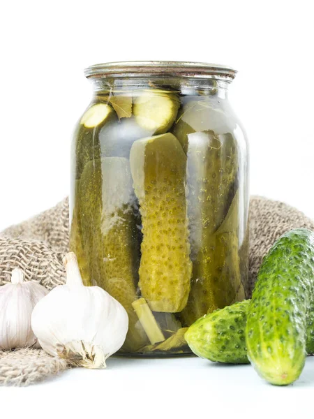 Pickled Cucumbers Isolated Pickles Glass Jar Garlic Isolated White Background — Stock Photo, Image