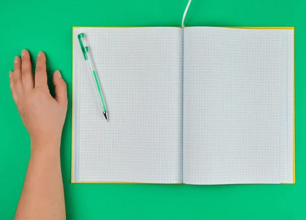 Open Checked Notebook Female Hand Top View Green Background — Stock Photo, Image