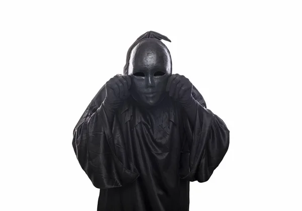 Scary Figure Hooded Cloak Mask Hand Isolated White Background — Stock Photo, Image