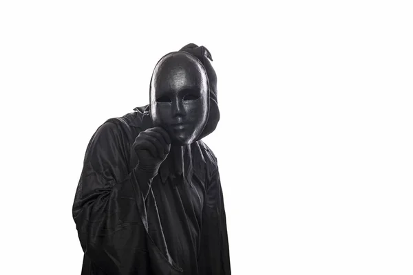 Scary Figure Hooded Cloak Mask Hand Isolated White Background — Stock Photo, Image