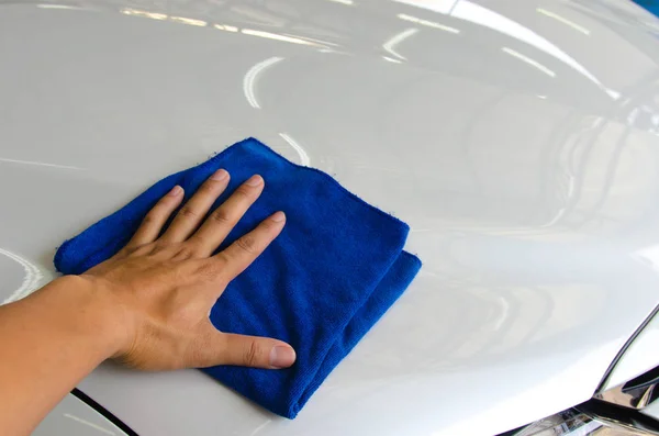 Hand Man Worker Use Clean Blue Cloth Wipe Car — Stock Photo, Image