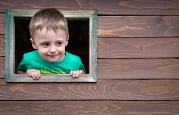 Portrait Cute Little Caucasian Boy Looking Window Wooden Toy House Stock Photo