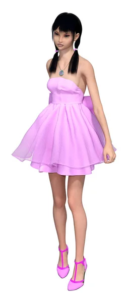 Renderização Uma Menina Asiática Bonito Vestido Rosa Isolado Fundo Branco — Fotografia de Stock