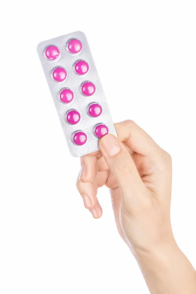 Mulher Mão Segurando Pílulas Tablet Mão Feminina Segurando Pílula Prescrição — Fotografia de Stock