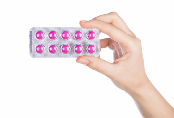 Mujer Píldoras Mano Tableta Píldora Mano Femenina Sobre Fondo Blanco —  Fotos de Stock