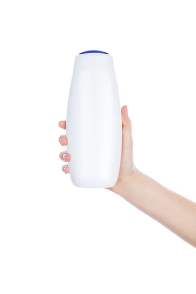 White Bottle Shower Gel Lotion Cream Hands Pattern White Background — Stock Photo, Image