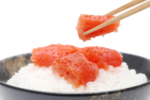 Comida Japonesa Arroz Branco Cozido Com Mentaiko Karashi Sobre Fundo — Fotografia de Stock