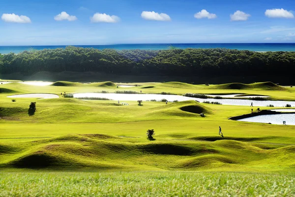 Prachtige Golf Plek Groen Prachtige Golfbaan Met Zonsondergang — Stockfoto