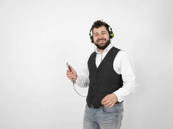 Cool Man Black Beard Posing Headphones Smartphone Front White Background — 图库照片