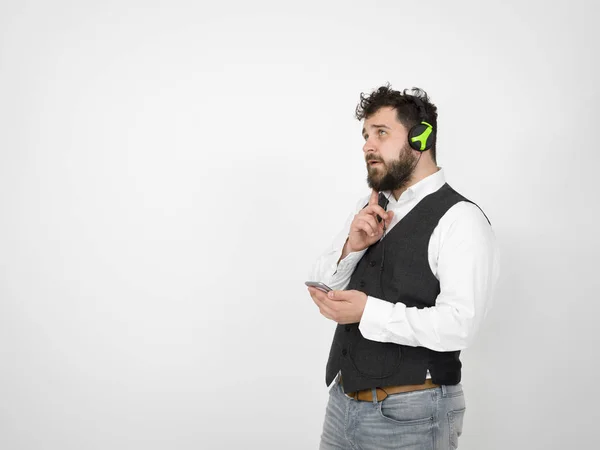 Cool Man Black Beard Posing Headphones Smartphone Front White Background — Stock Photo, Image