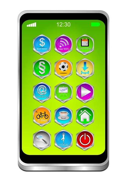 Smartphone Different Apps Green Desktop Illustration — Stock Photo, Image