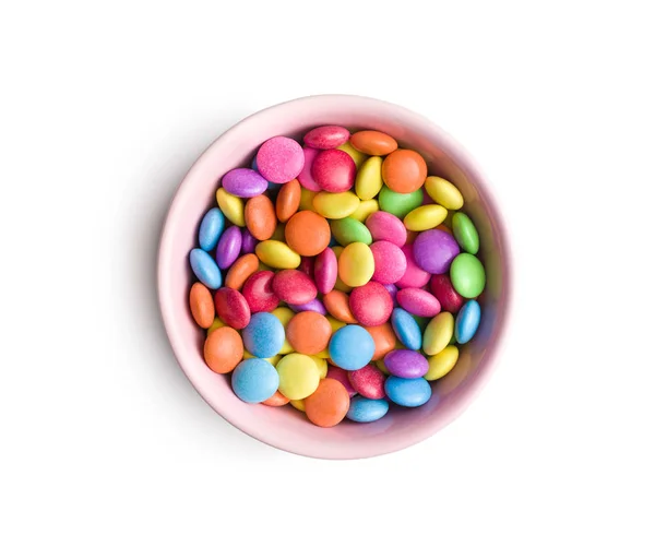 Bunte Schokolade Bonbons Pillen Schüssel Isoliert Auf Weißem Hintergrund — Stockfoto