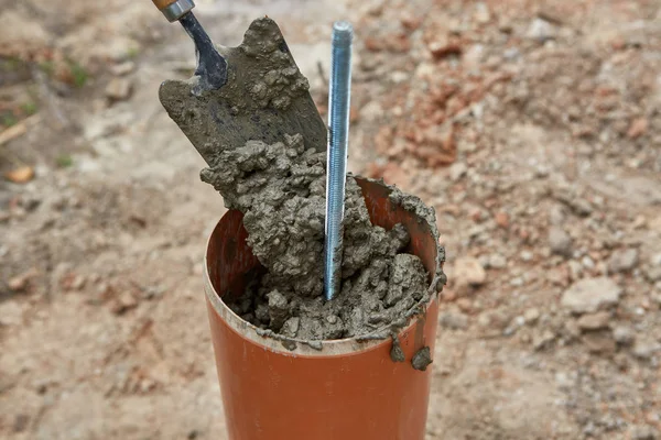 Installatie Van Palen Fundering Vullen Geboord Stapel Beton Bouw Buiten — Stockfoto