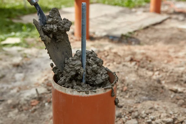 Installation of piles foundation,  filling is bored pile of concrete. Construction. Outdoor