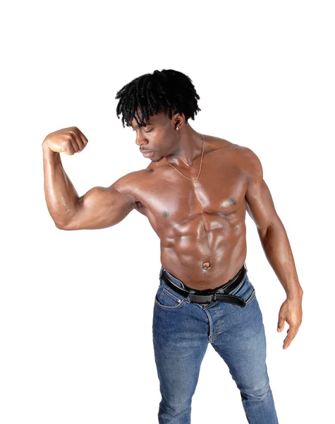 Beau Jeune Africain Debout Jeans Torse Flexing His Biceps Avec — Photo