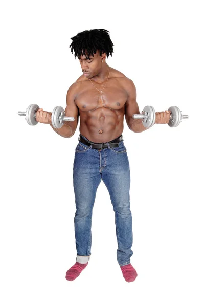 Obraz Całego Ciała Afroamerykanina Stojącego Bez Koszulki Ćwiczącego Swoim Hantlem — Zdjęcie stockowe