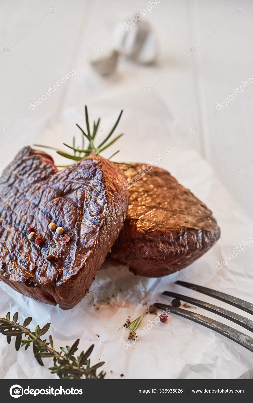 Two Prime Beef Fillet Medallions Fresh Thyme Rosemary Seasoned Black