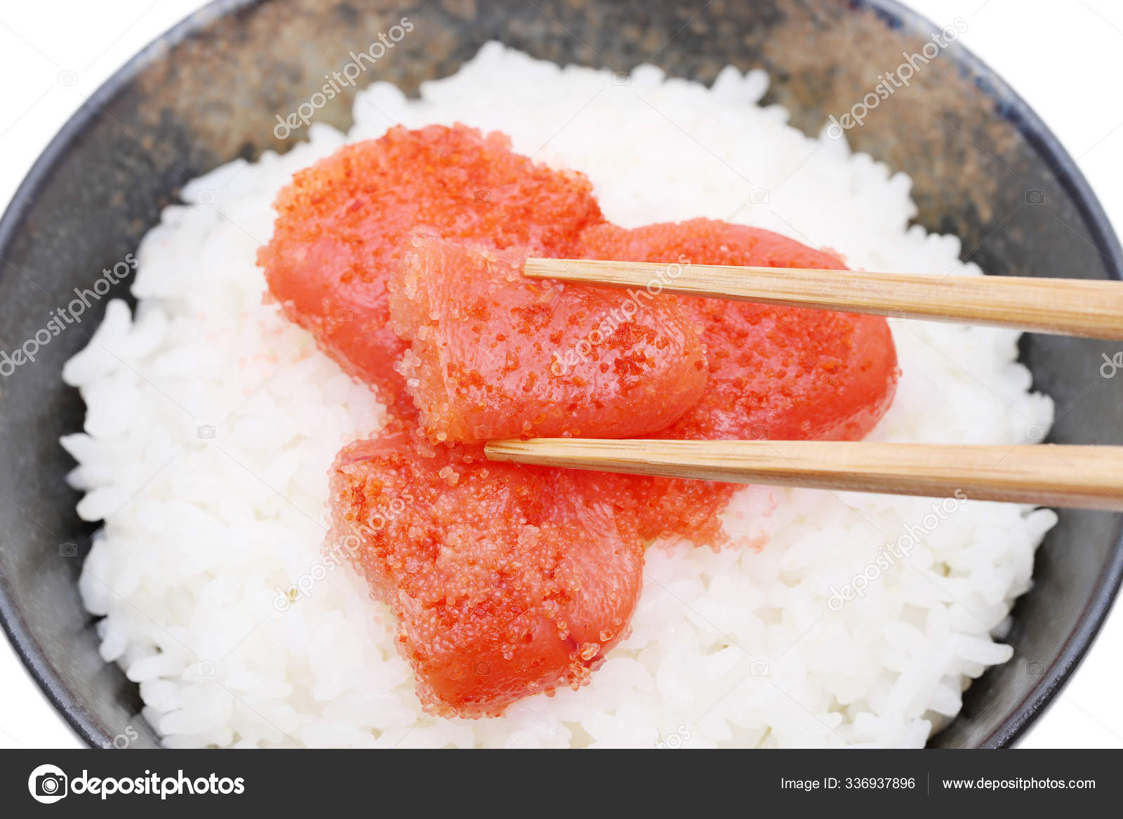 Japanese Cooked White Rice Karashi Mentaiko White Background Stock