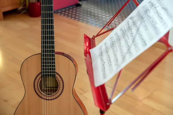 Guitarra Acústica Con Soporte Música Sala Estar —  Fotos de Stock
