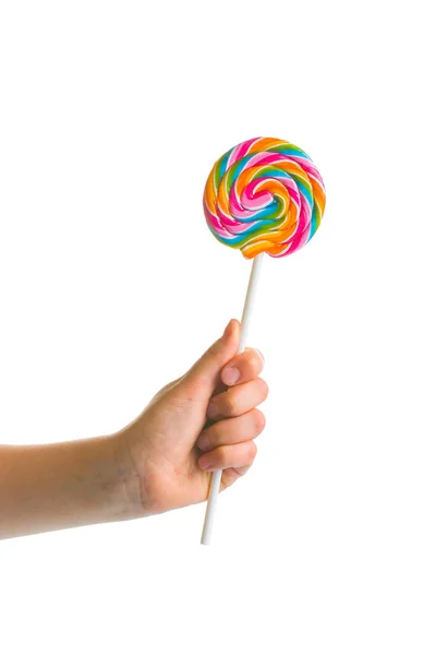 Swirl Kleurrijke Lollipop Kind Hand Geïsoleerd Witte Achtergrond — Stockfoto