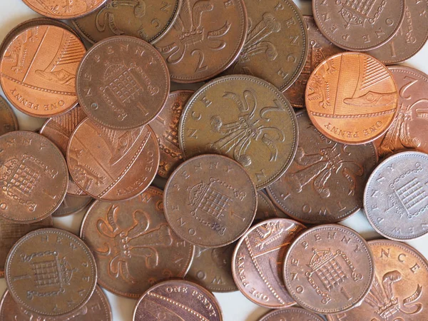 Yksi Penny Kaksi Pence Pound Kolikot Rahaa Gbp Valuutta Yhdistyneen — kuvapankkivalokuva