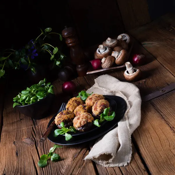 Stuffed Minced Meat Baked Champignons — Stock Photo, Image