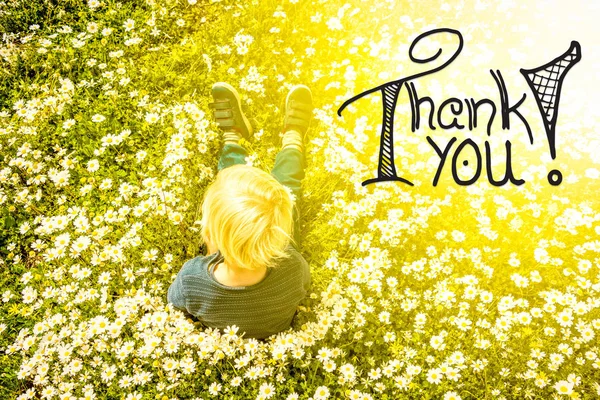 English Calligraphy Thank You Blonde Child Sitting Daisy Flower Meadow — Stock Photo, Image