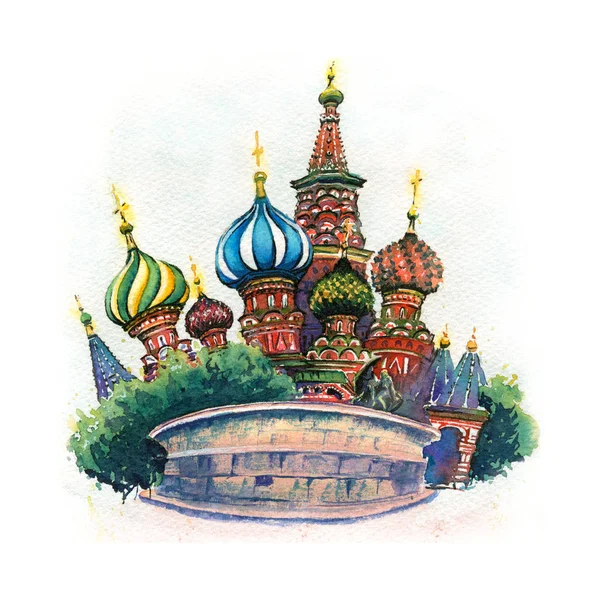 Aquarel Schets Van Kathedraal Van Vasily Gezegende Sint Basiliuskathedraal Moskou — Stockfoto