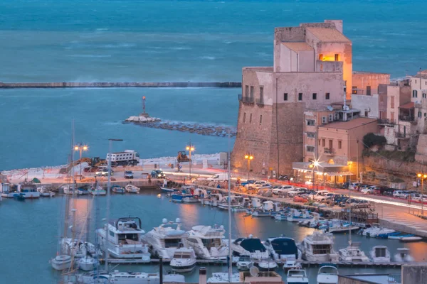 Medeltida Fästning Cala Marina Hamnen Kuststaden Castellammare Del Golfo Solnedgången — Stockfoto