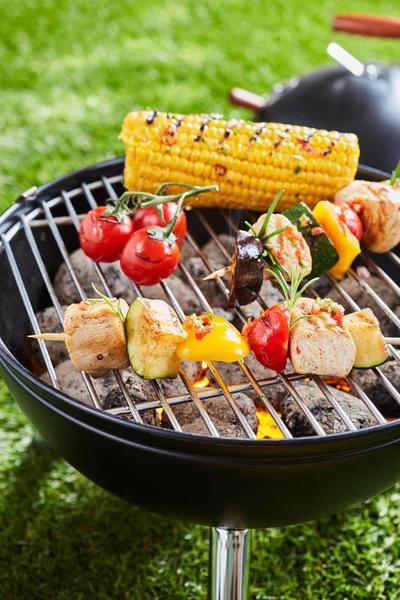Grilling Vegetables Meat Kebabs Grid Barbecue Grill Viewed Close Green — Stock Photo, Image